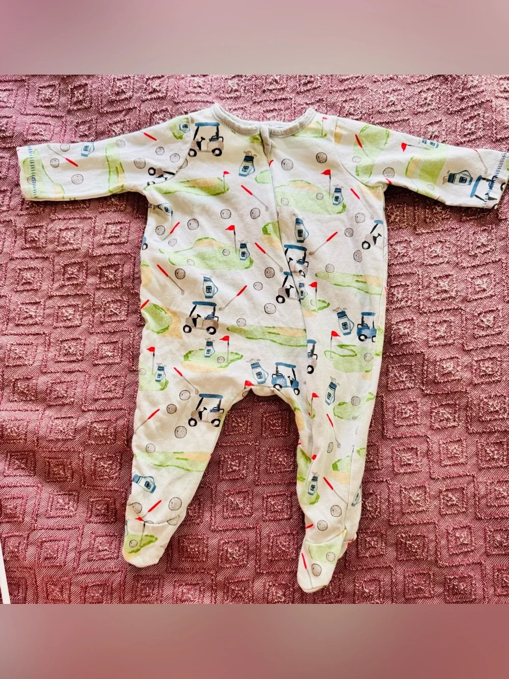 Mud Pie White Footed One-Piece with Green & Blue Golf Cart Print Size 0-3 mths